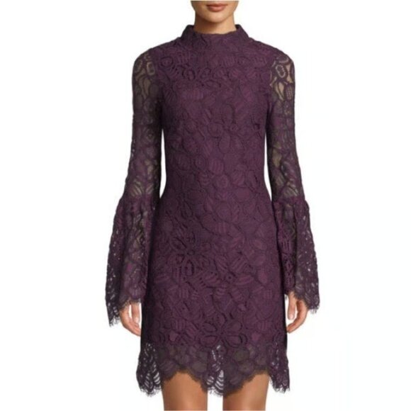 Allison New York plum floral lace bell sleeve shift party mini dress Small NWT - Picture 6 of 6
